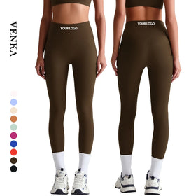 Women Custom Logo Ribbed Sportswear Elastic Compression High Waist Hip Lift Fitness Pants Girl No T Line Yoga Pants Leggings