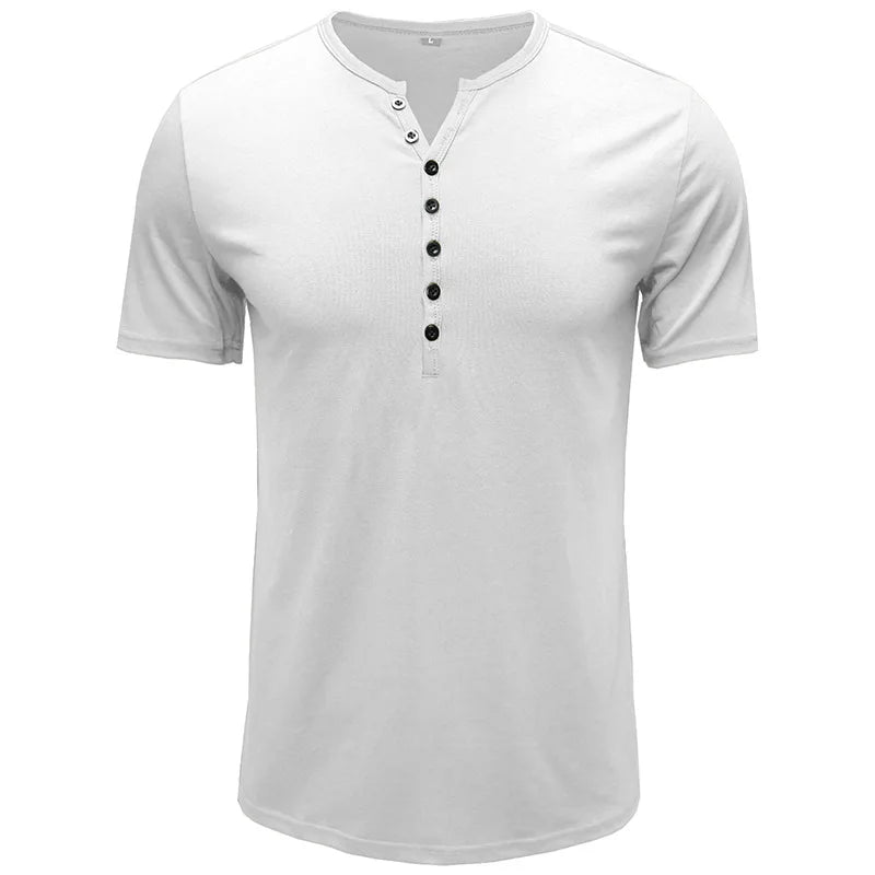 RNSHANGER Summer Fashion Henry Collar Button T Shirt Casual Solid Color New Short-sleeved Top Tee Streetwear Sport Tshirt
