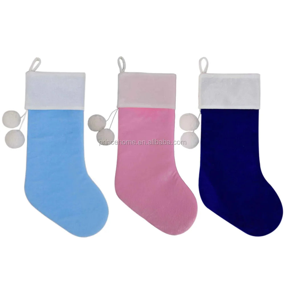 Modern Style Pink & Blue Velvet Christmas Stocking with POM POM Hot Selling Christmas Decorations Factory Wholesale MOQ 50pcs