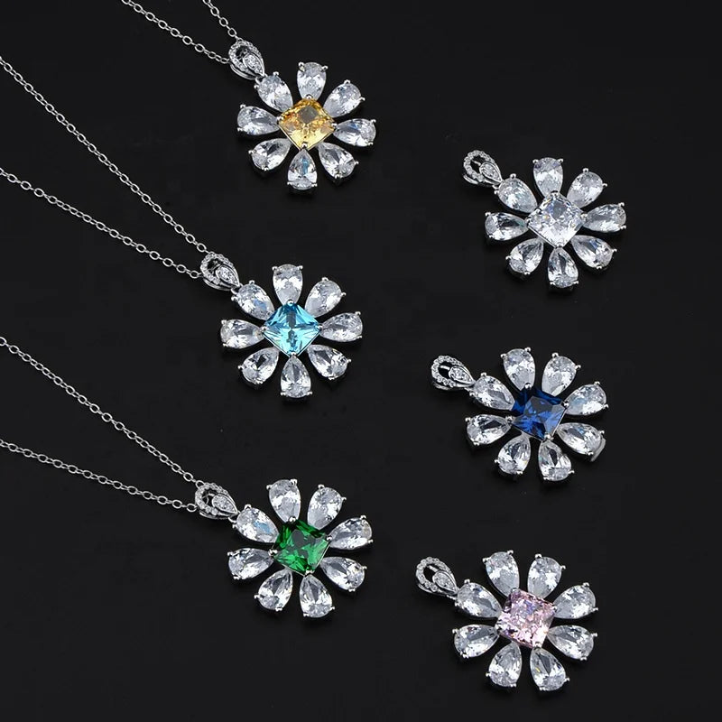 Wholesale Custom Fashionjewelry Necklaces  Cz 925 Sterling Silver Engagement Wedding Flower Pendant Necklaces for Women
