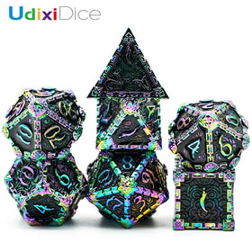 For Udixi Custom Logo 7pcs Dungeons and Dragons RPG Polyhedral Metal Dice Set Rainbow Black Packed in Metal Box