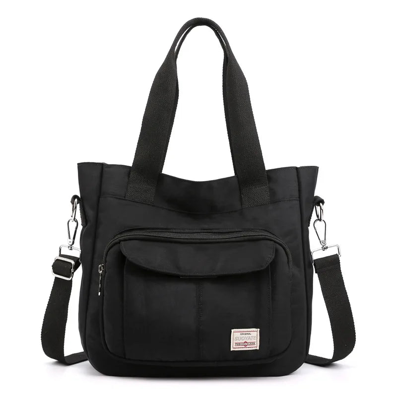 2026 Fashion Large Black High Class Students Canvas Tote Bag with Side Pocket
