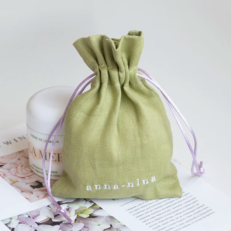 Custom 100% Linen Pouch Bags Packaging Mini Cotton Linen Drawstring Bag