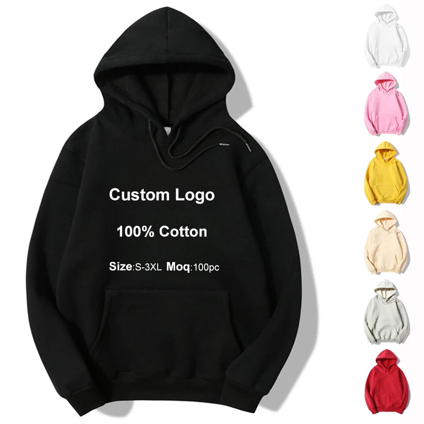 Wholesale 100% Cotton Hoodies Custom Logo Print Black Fleece Hoodie White Blank Pullover Designer Men's Hoodies & Sweatshirts