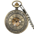 Antique Roman Style Bronze Half Hunter Mechanical Skeleton Steampunk Pocket Watch with Chain for Men Accessories Gift