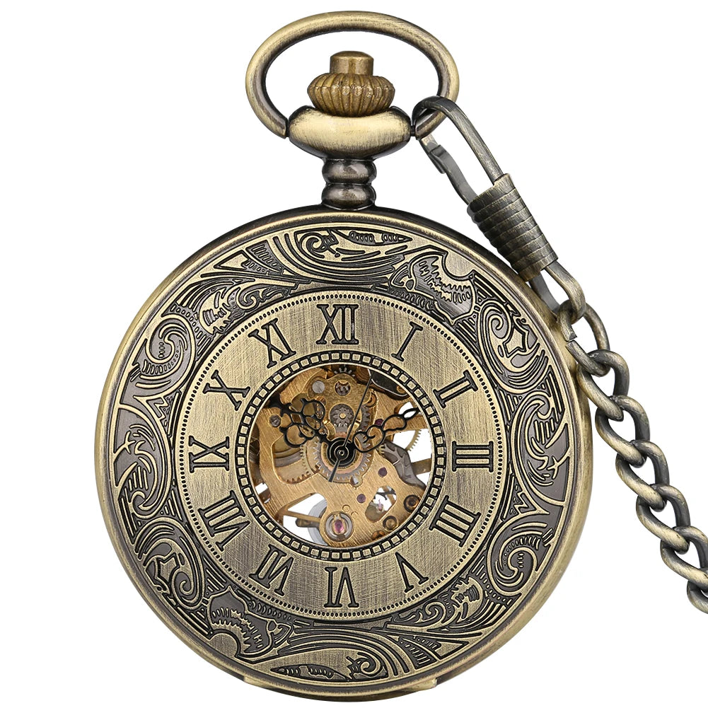 Antique Roman Style Bronze Half Hunter Mechanical Skeleton Steampunk Pocket Watch with Chain for Men Accessories Gift
