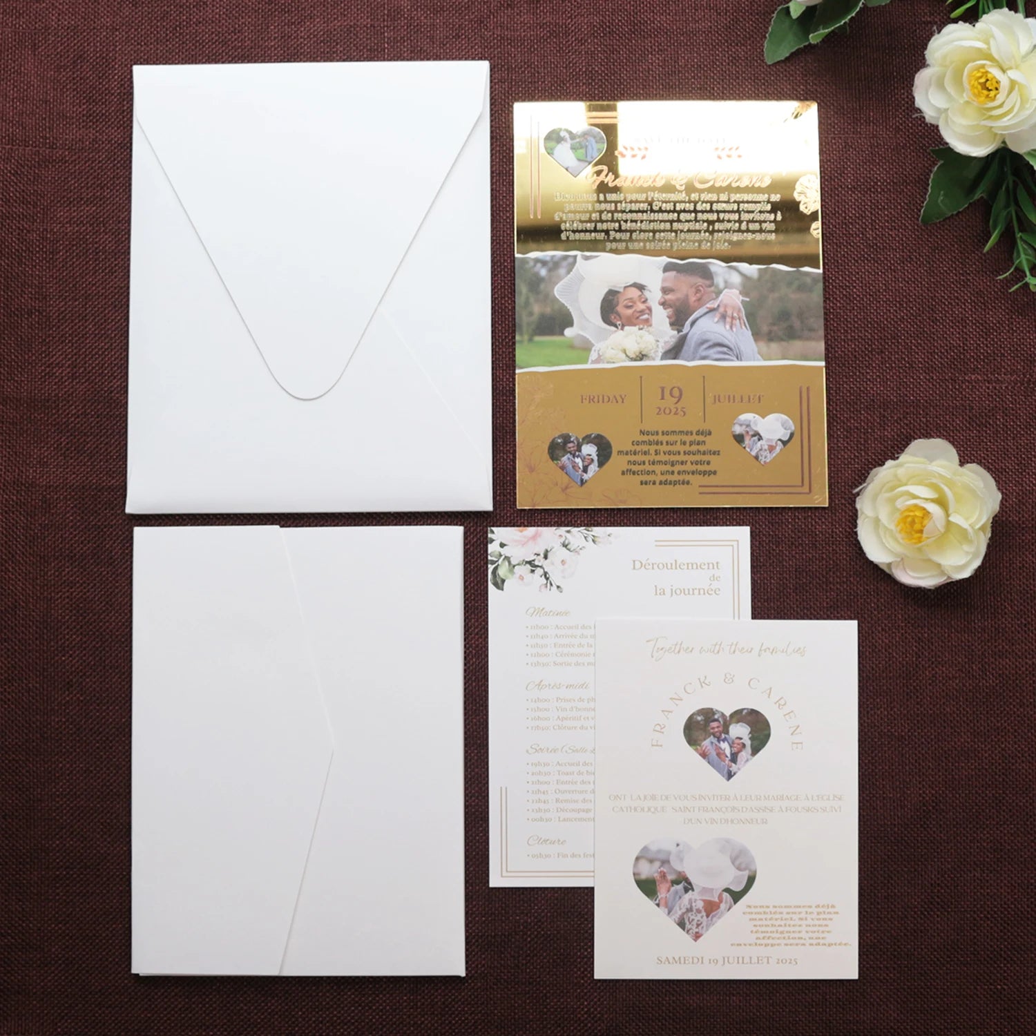 Custom Gold Foil Printing Acrylic Wedding Invitation Trifold Pocket Invitation Card Photo with RSVP and Detail Cards