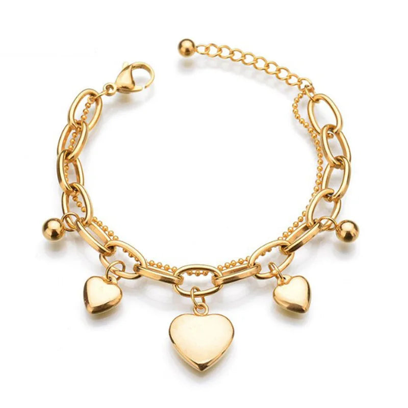 Exquisite Simple Hollow Out Heart Charms Design Stainless Steel Gold Hand Bracelet Set for Girlfriend Women Wholesale Bracelets