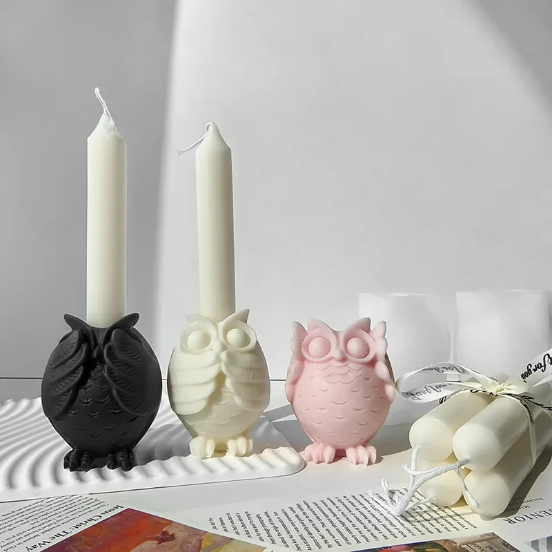 Cement Animal Owl Candlestick Silicone Mold Diy Handmade Plaster Cast Cement Owl Shape  Silicone Candle Jar for Home Decoration