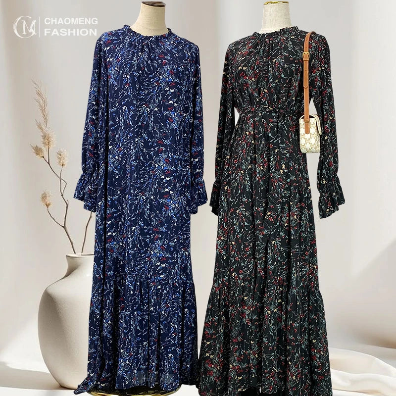 6434# Fashion Floral Flare Chiffon Abaya Dress Long Sleeve Elegant Women's A-line Dresses With Full Lining