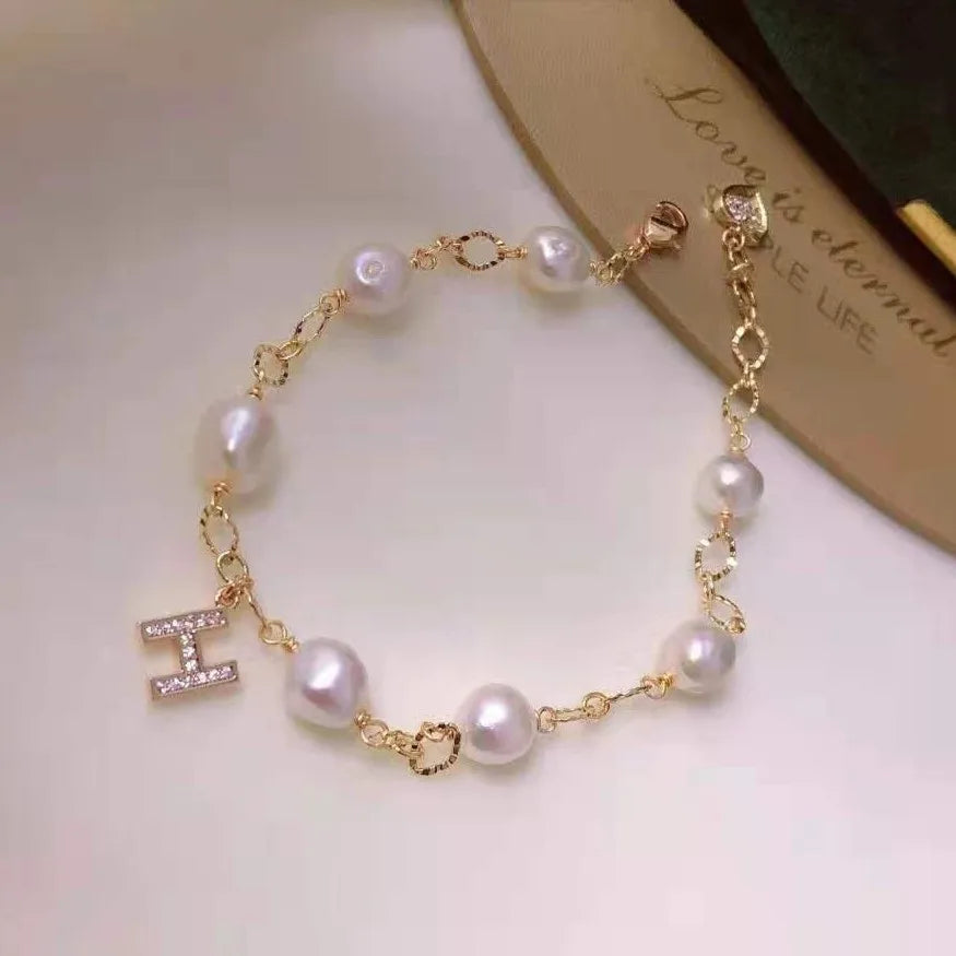 18K Gold-Plated AAA White Potato Shape Freshwater Pearl Bracelet 7-8mm for Women Letter & Jewelry Chain Trendy Wedding Style