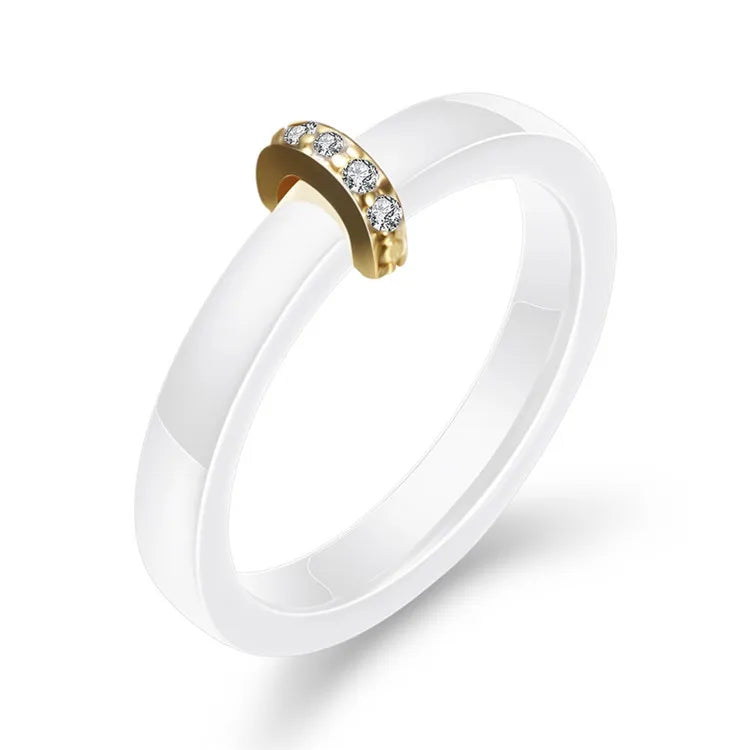 Hot Selling Custom Black and White Gold Plated Semicircle Micro Stainless Steel Inlaid Ceramic Zircon Wedding Couple Ring Unisex