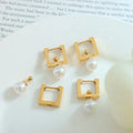 MARONEW Designer Custom Fashion Jewelry 18k Gold Plated Stainless Steel square Detachable Imitation Pearl Drop Huggie Earrings
