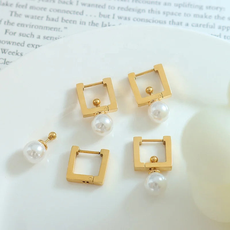 MARONEW Designer Custom Fashion Jewelry 18k Gold Plated Stainless Steel square Detachable Imitation Pearl Drop Huggie Earrings