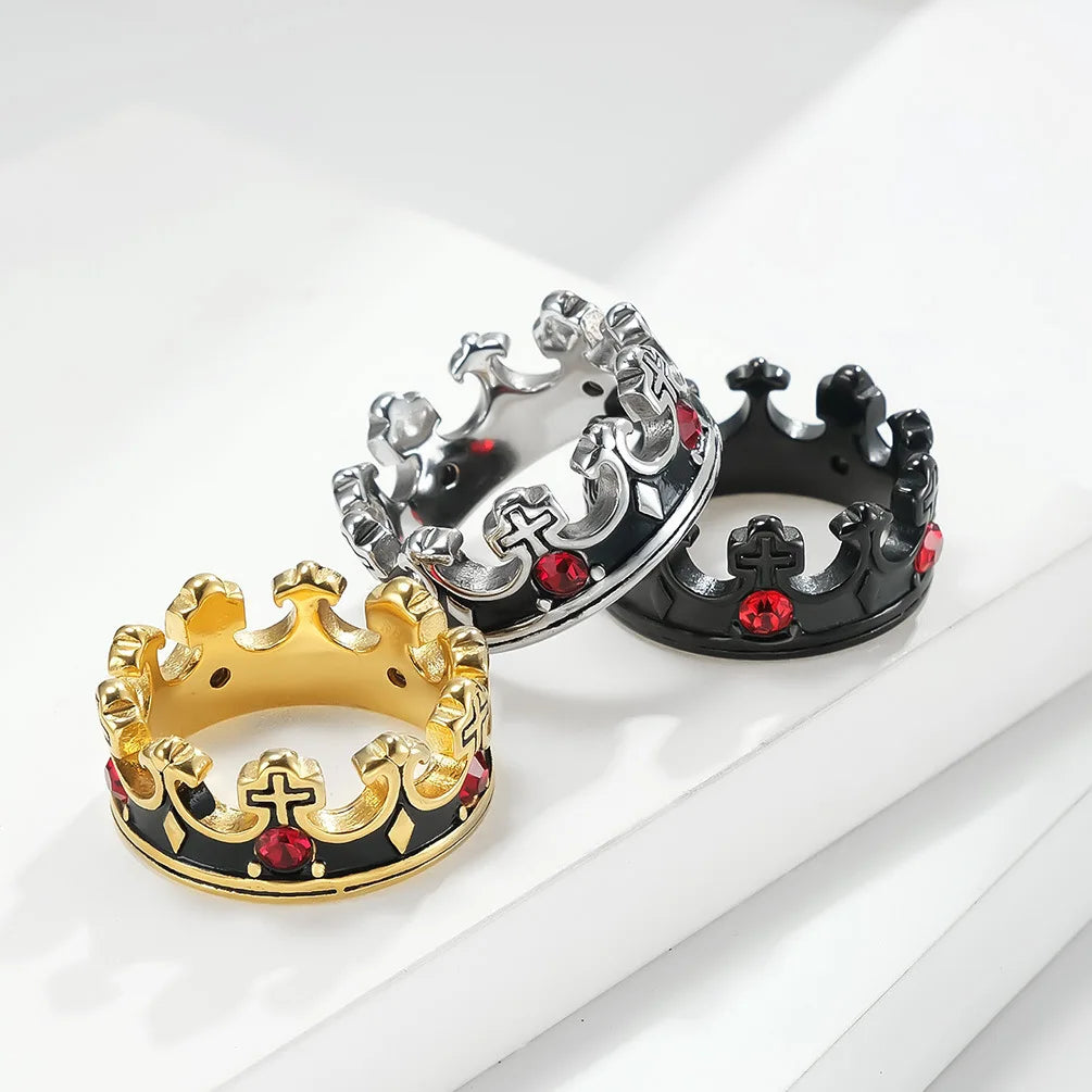 OLAN Fashion Jewelry Factory OEM Vintage Cross Crown Male Jewelry Bands Red Round Zirconia Inlay Stainless Steel Rings for Mens