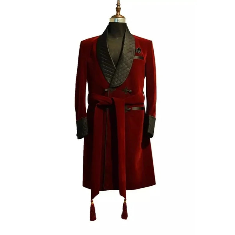Costume Homme Red Long Velvet Mens Suits Double Breasted Dinner Jacket Velvet Wedding Tuxedos Groomsman Coat Blazer Only 1 Piece