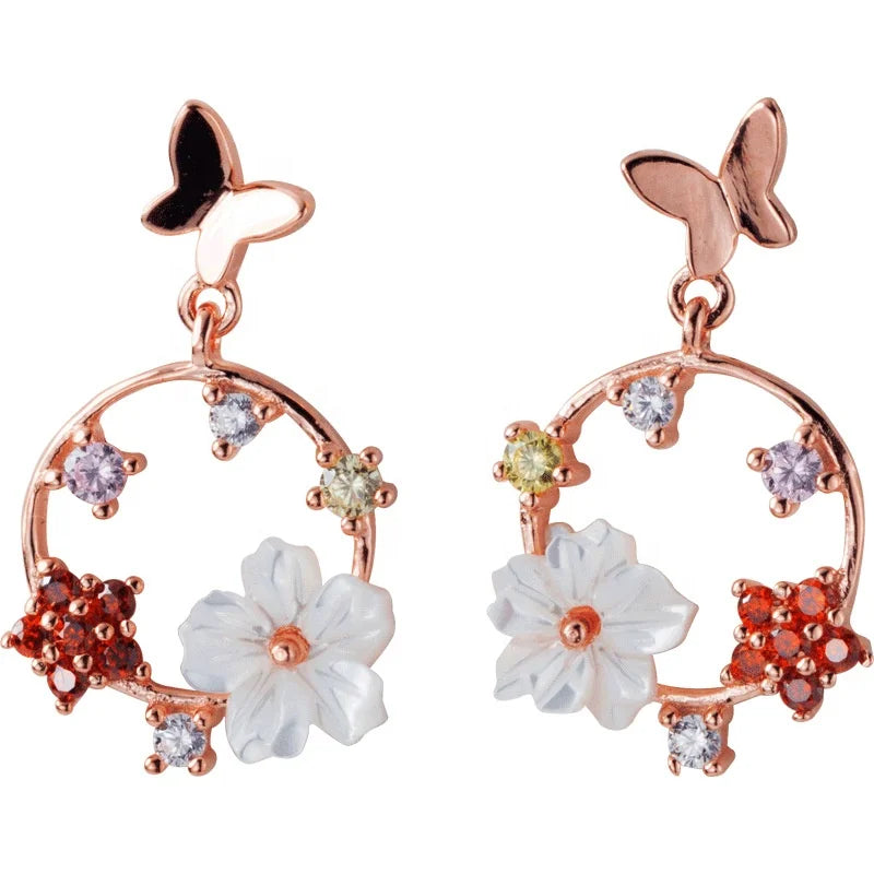 925 Custom Sterling Silver Rhodium Plated Stud Earrings Women Butterfly Playing Flower Bezel Set Zircon Trendy Jewelry PANKOO