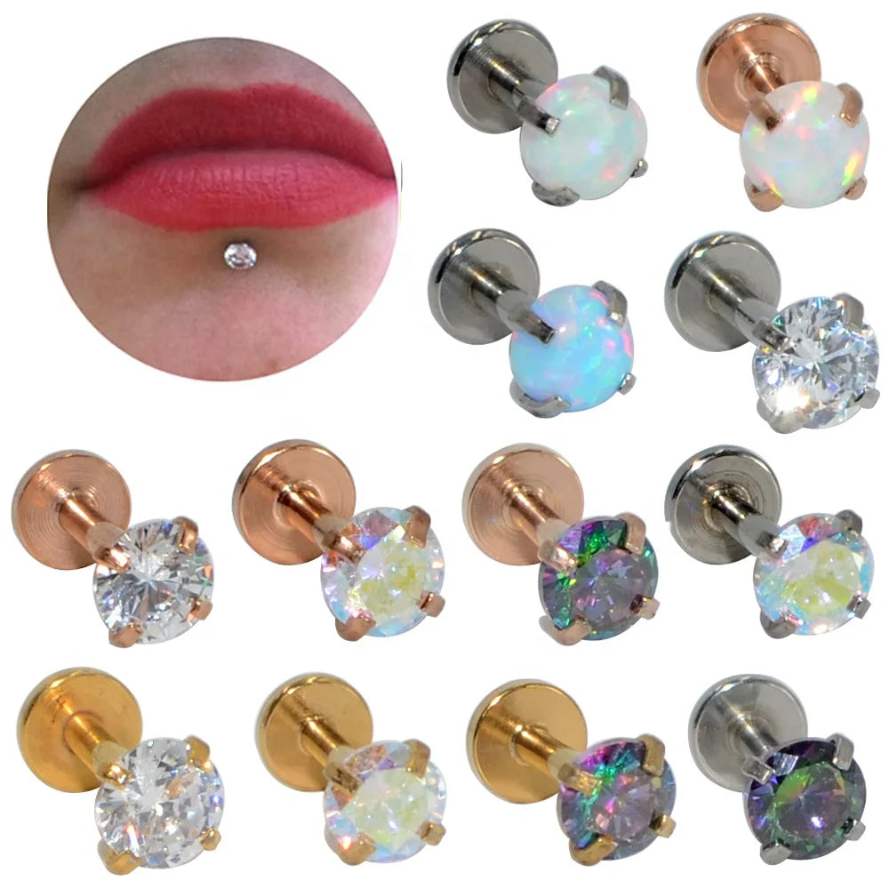 16G Monroe Internal Thread Earring Zircon Labret Stud Cartilage Lip Ring Flat Bottom Piercing Stainless Steel for Engagement