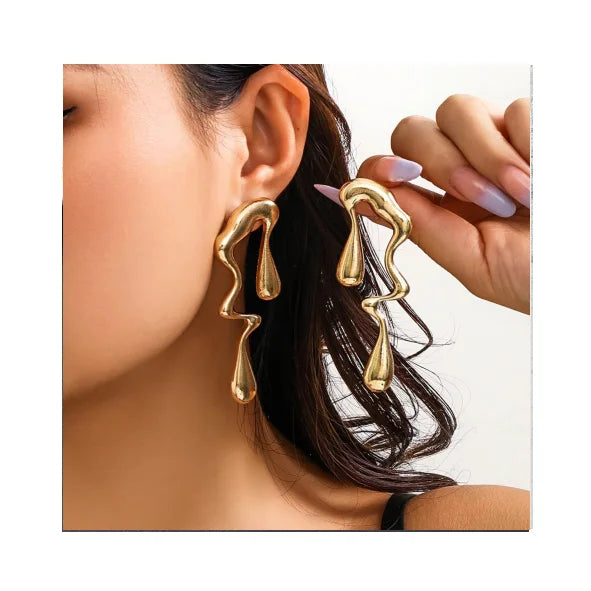 Retro Punk Hip Hop Gold Plated Liquid Metal Stud Earrings Irregular Water Drop Earrings for Women Long Earrings Jewelry