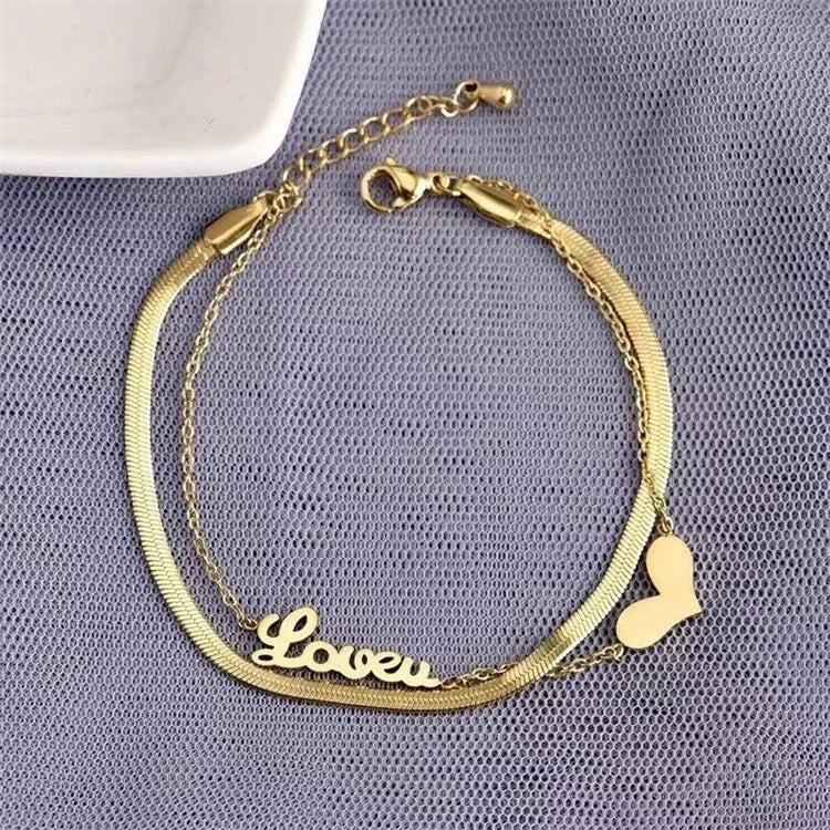 Wholesale New Stainless Steel Design Double Layered Bracelet Female Personalized Letter Love Heart Bracelet