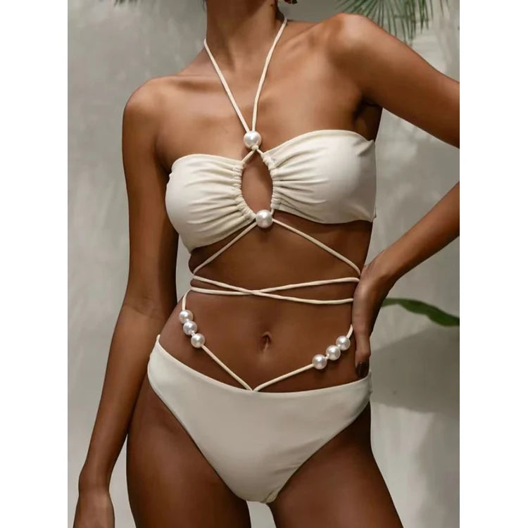 Wholesale Customized Bikini Logo Customized Swimwear Solid Color Pearl Bikini Beachwear