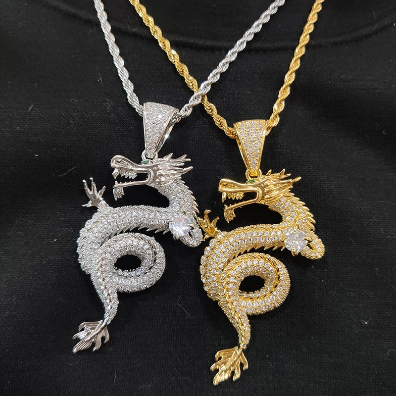 New Iced Out Zircon Dragon Pendant Men's Hip Hop Jewelry Gold Silver Color CZ Pendant Necklace Bling Snake Charms