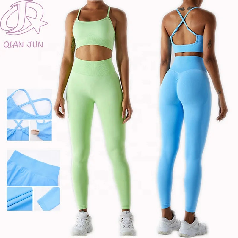 Custom Logo Fitness Sports Women Gym Seamless 3 Piece Yoga Leggings Sets Solid Color Workout Yoga Set