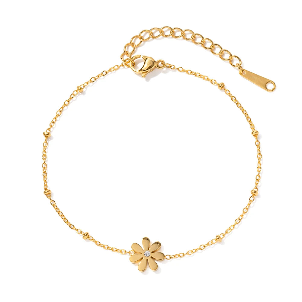 J&D Waterproof Stainless Steel Bracelet for Women 18K Gold Plated with Zircon Flower Chain Unisex Diamond Charm Bangles