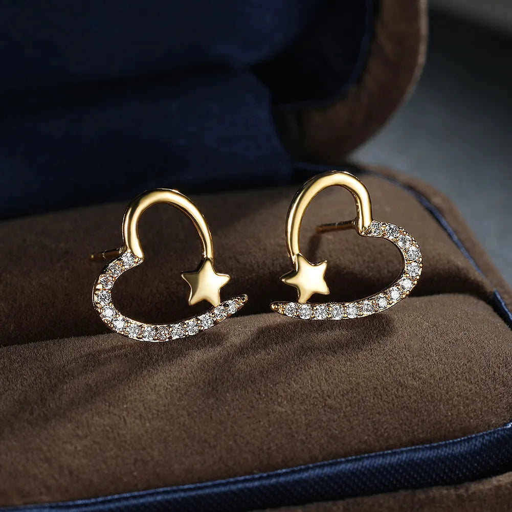CAOSHI Hollow Heart Star Diamonds Glitter Zircon Macro Pave Earrings Women Girls Trendy Sweet Gold Stud Earring