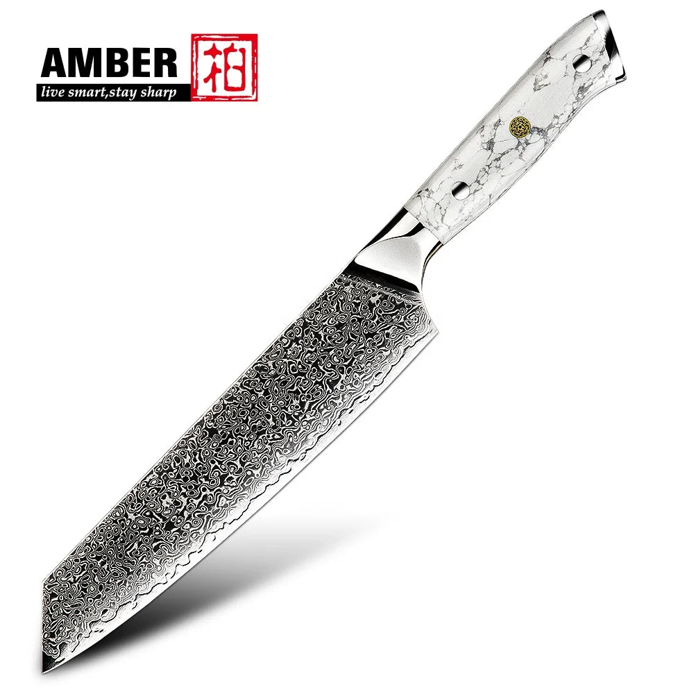Yangjiang Amber White Turquoise Stone Handle Custom Logo Damascus Steel Chef Knife with Japanese Vg10 Super Steel Core