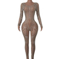 Designer Mesh See Through Crystal Bodycon Rompers Club Dance Leotard Women Rhinestone Bodysuits Plus Size  One Piece Jumpsuits