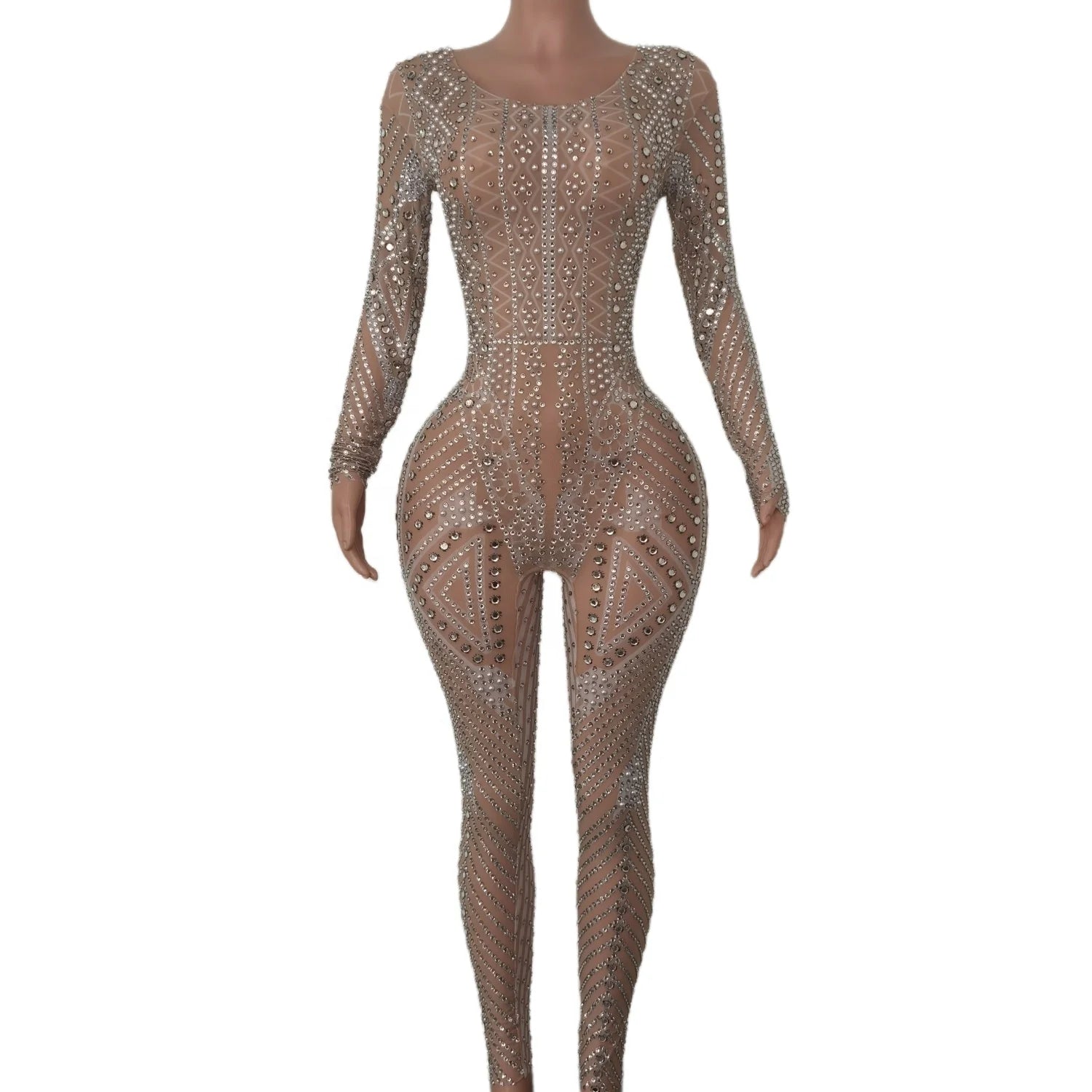 Designer Mesh See Through Crystal Bodycon Rompers Club Dance Leotard Women Rhinestone Bodysuits Plus Size  One Piece Jumpsuits