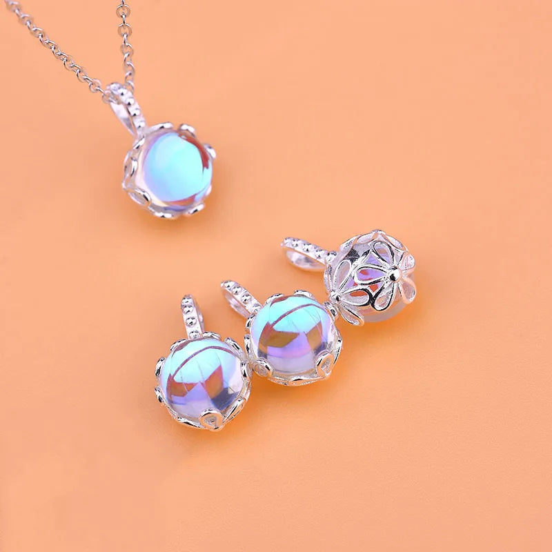 Creative Flower Shaped Base Moonstone Pendant 925 Sterling Silver Round Moonstone Gemstone Charm for Jewelry Making Accessories