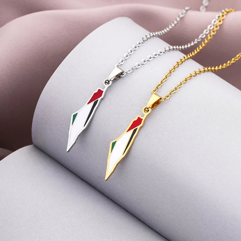 Enamel Free Palestine Map Flag Pendant Necklaces Men Women Stainless Steel Chain Gold Silver Palestinians Ethnic Map Jewelry Gif