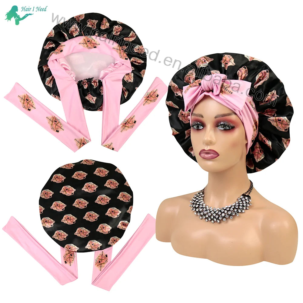Customized Adult Kids Satin Hair Sleep Cap Logo Printed Tie Band Bonnet Double Layered Silk Satin Bonnet With Elastic Head Wraps