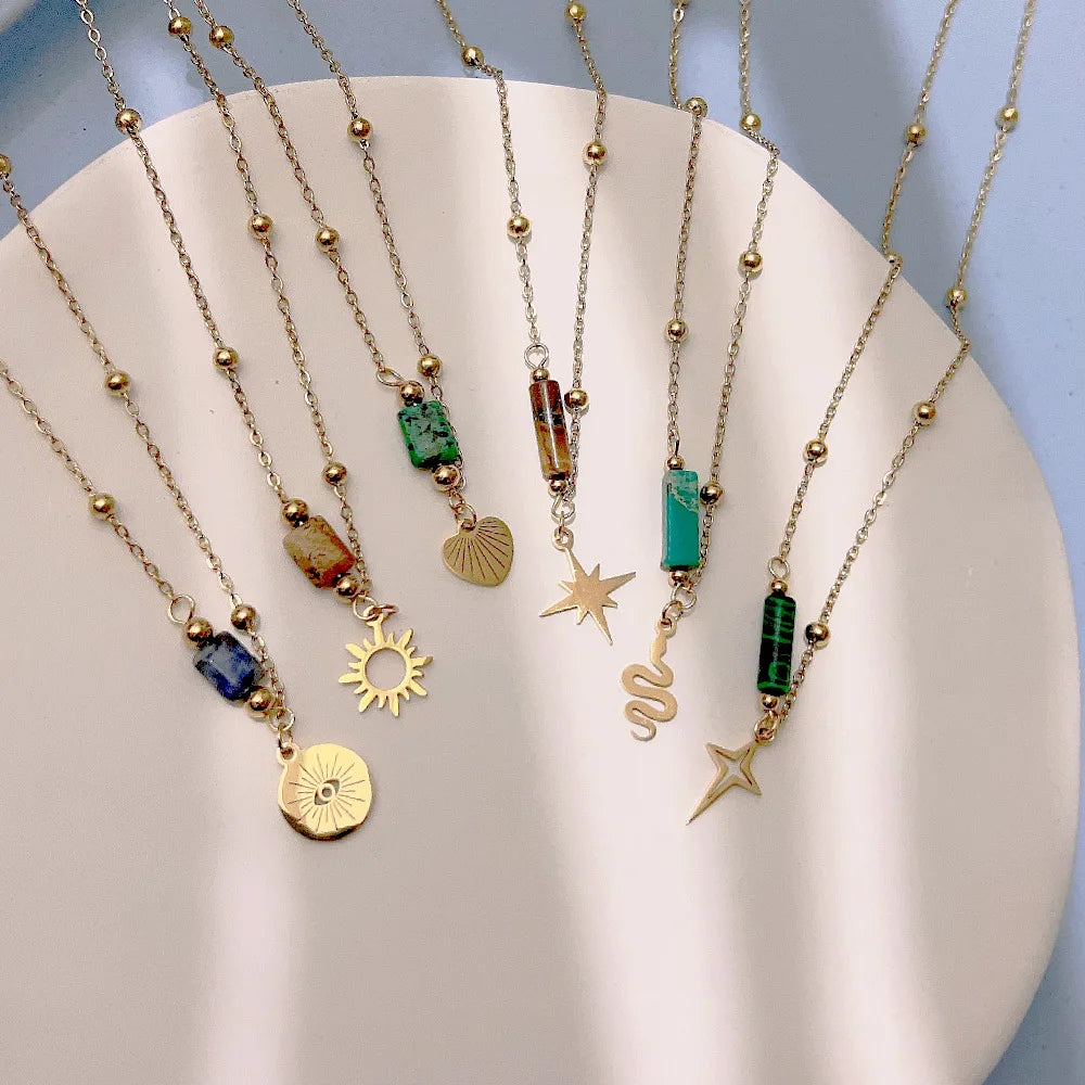 Natural Gemstone Crystal Quartz Healing Personalized Stainless Necklaces Friendship Couple Eye Gold Chain Necklace