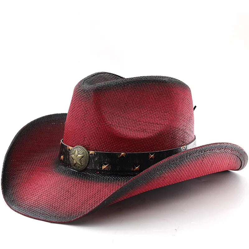 Classic Western Style Cowboy Straw Hat for Women/Men New Hollow Out Design Bull Band Ribbon for Summer Daily Parties Fishing