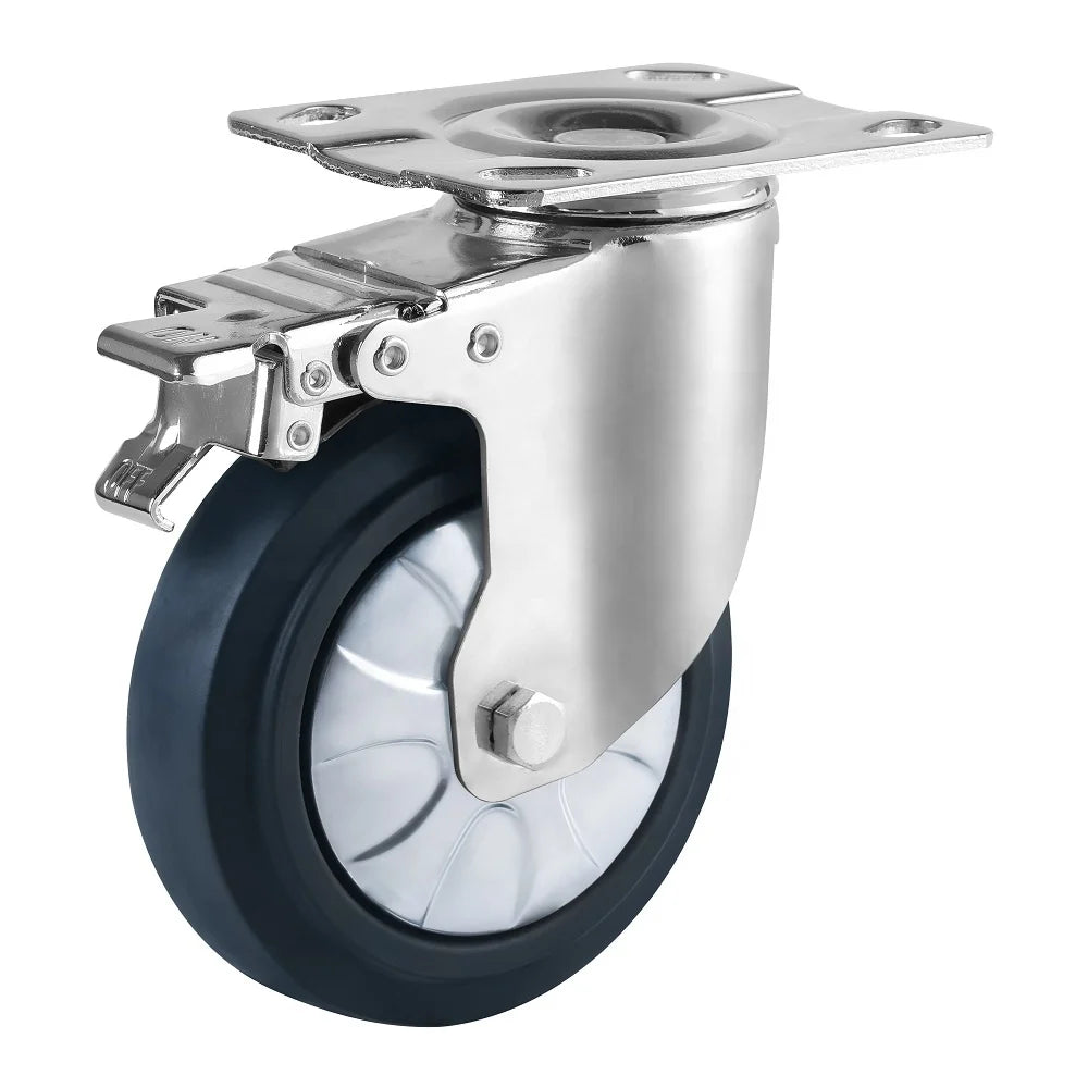 5 Inch Black High Elastic Rubber Casters Wheel 125mm All Black Castor with Plate and Total Brake