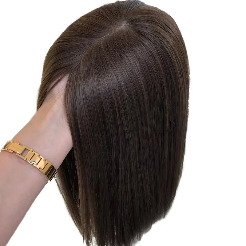 LONGFOR 3 Clip-On Curly/Brown Straight Remy Human Hair Toupee Natural Bangs Woman Cover with Silk Base Topper for Hair Loss