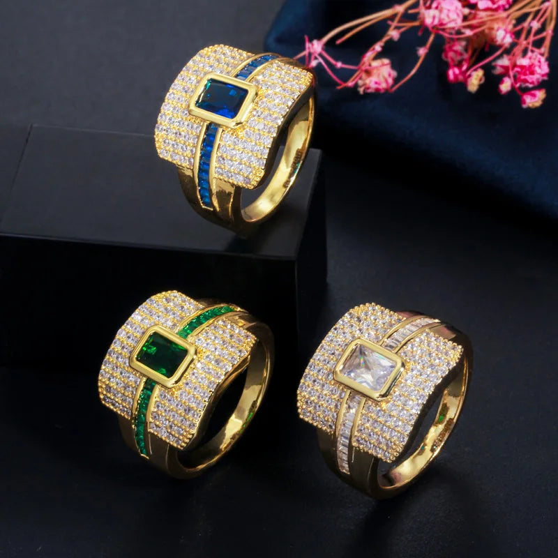Monaco Style Blue White Green Cubic Zirconia Stone Dubai Yellow Gold Plated Luxury Wedding Engagement Promise Ring for Women
