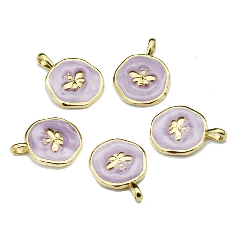 New Violet Enamel Gold Plating Bee Insect Round Charms 14x20mm Brass Necklace Pendants