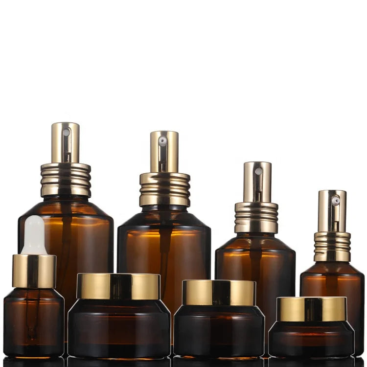 Cosmetic Packaging 15ml 30ml 50ml 100ml 15g 30g 50g  Amber  Cosmetic Bottle Set with  Gold Aluminum Top
