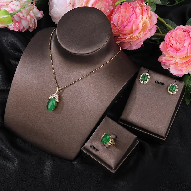 Wholesale Fashion Jewelry Set Chalcedony Three Piece Set Vintage Cat Eye Stone Ring Earring Necklace Pendant for Christmas Gifts