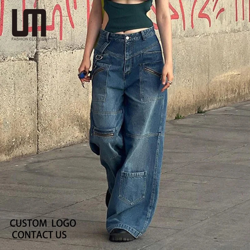 Liu Ming Women's Casual Straight High Waist Cargo Pants Breathable Cotton Denim Jeans with Button and Zipper Decorations