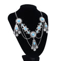 Vintage Style Bohemian Kazakh Women's Alloy Chain Necklace Blue Beads and Coin Tassels with Carved Tassel for Party