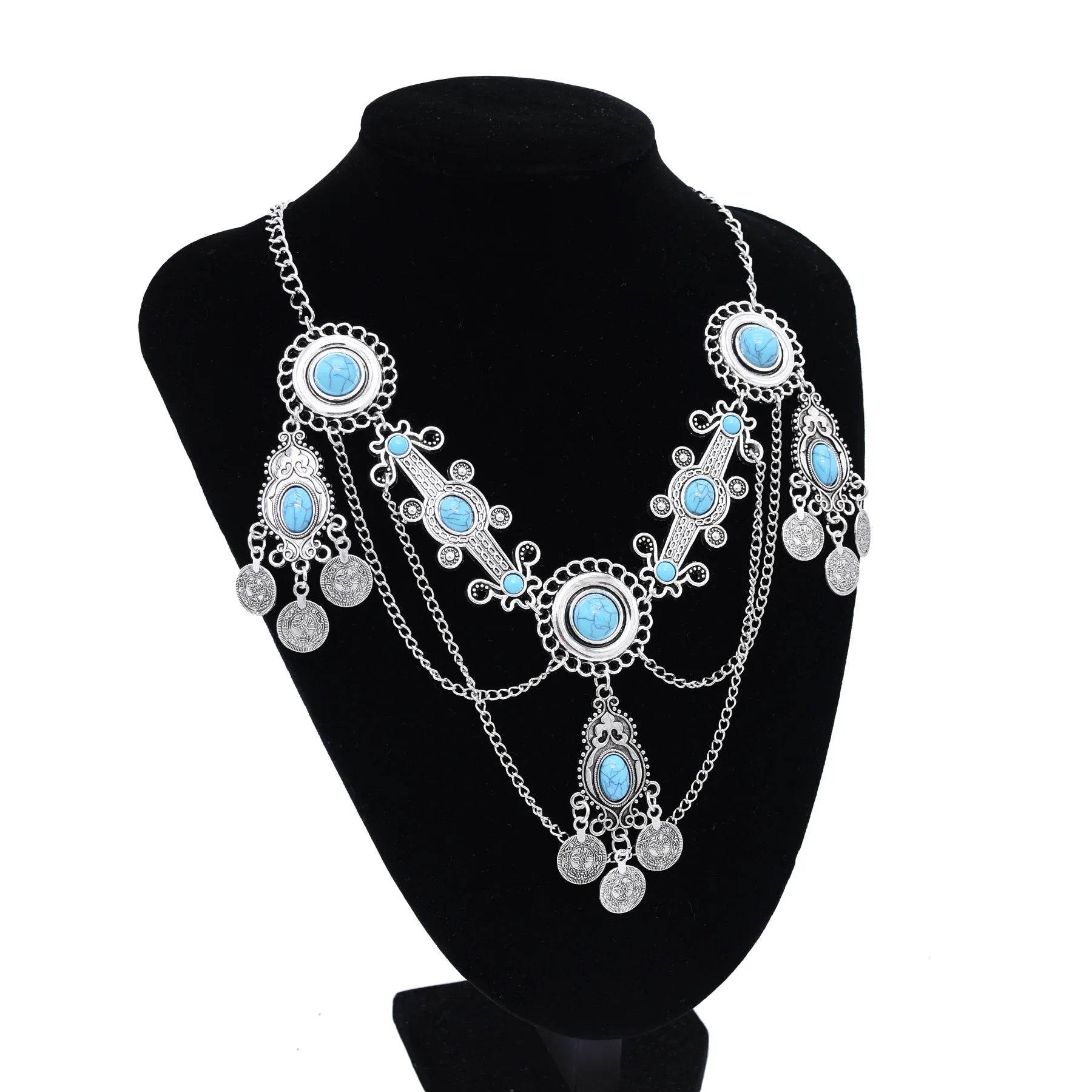 Vintage Style Bohemian Kazakh Women's Alloy Chain Necklace Blue Beads and Coin Tassels with Carved Tassel for Party