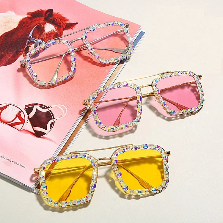 Womens Oversized Italy Design Ce Female Diamonds Luxury Women Colorful Rhinestone Shade Sunglasses