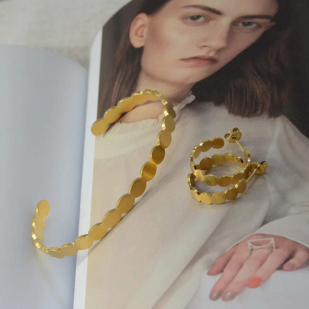 Ins Style Minimalist Oval Patchwork Stainless Steel Earrings Bracelet Set