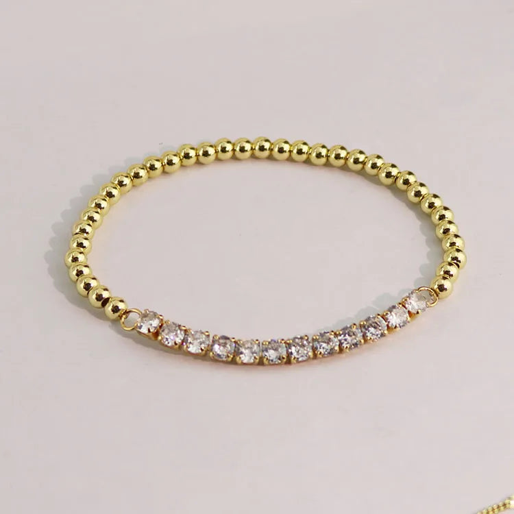 BC1514 Delicate Chic 18k Gold Accents Beaded Sparkly CZ Cubic Zirconia Zircon Tennis Bar Elastic Bracelet for Girls