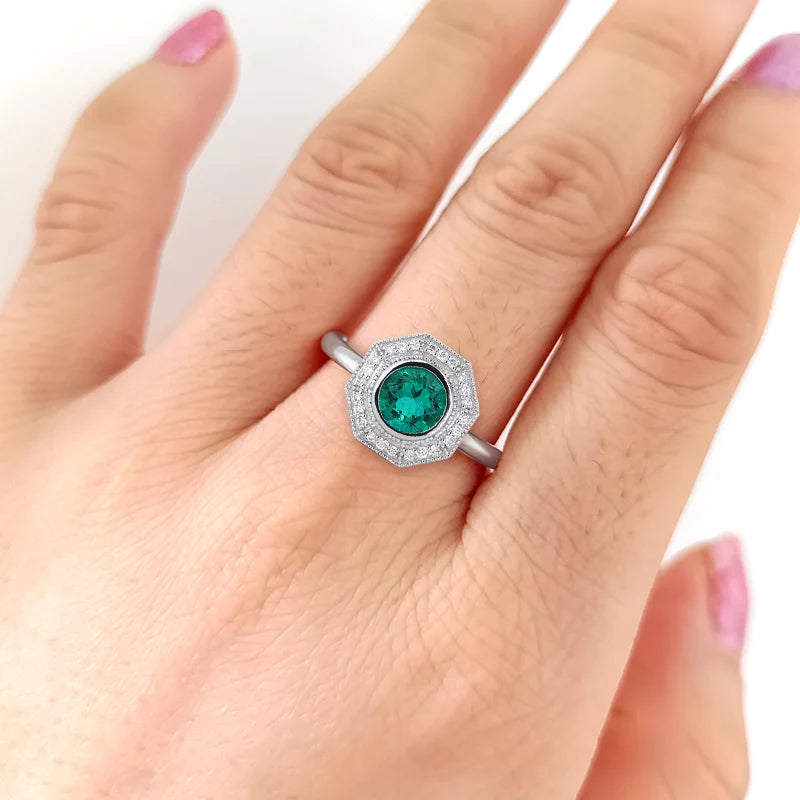 14K Gold 6.5mm Lab Emerald Gemstones Ring Starsgem DEF VVS Loose Moissanite Diamonds Wedding Engagement Rings Women Jewelry